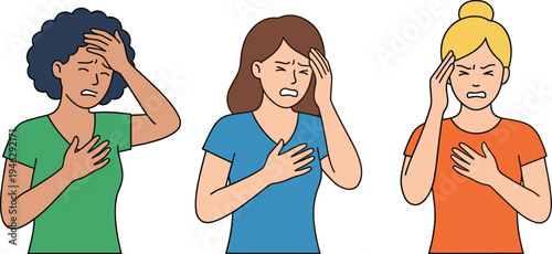 Three women showing headache pain and discomfort expressions, health problem concept illustration with female characters isolated on white background