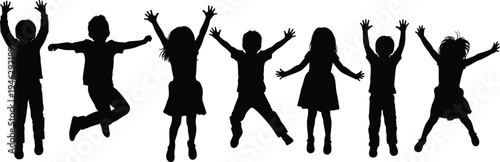 Set of Happy Children Silhouettes Jumping and Playing Featuring Boys and Girls in Diverse Poses for School Education Family Lifestyle and Active Youth Branding