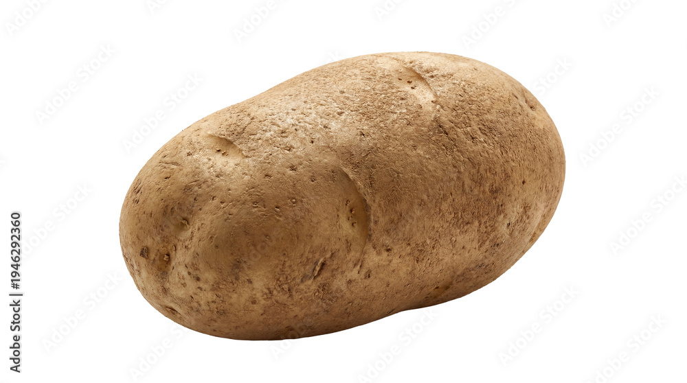 Fototapeta premium A single fresh, earthy russet potato with textured skin, ready for cooking, isolated on a clean, transparent.