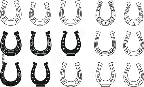Set of Horseshoe Vector Icons with Various Designs Featuring Lucky Symbols Equestrian Equipment Silhouette and Outlines for Western Logos Branding and Graphic Design Projects