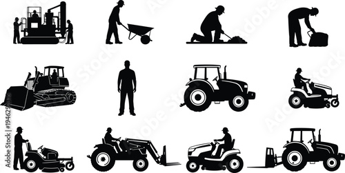 Set of Industrial Construction and Agricultural Machinery Silhouettes Featuring Tractors Bulldozers Forklifts Lawn Mowers and Workers for Farming 