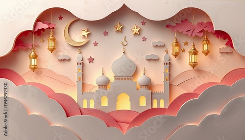 Intricate Paper Cut Eid Mubarak Night with Mosque and Crescent Moon