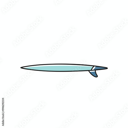A minimalist illustration of a light blue surfboard with a blue fin and black outline