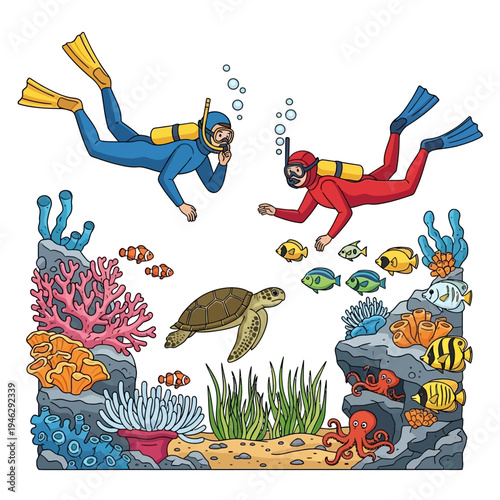Scuba divers explore vibrant coral reef with sea turtle and fish