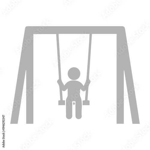 Abstract grey icon of a young child happily swinging on a playground swing set, embodying carefree youth and outdoor recreational activities