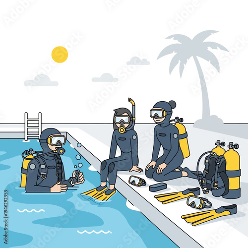 Scuba Divers Preparing for Dive in Swimming Pool with Equipment and Palm Tree