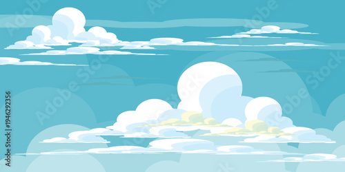Illustration of a blue sky with white clouds in a flat style. Blue sky background and white clouds. Cartoon sky	
