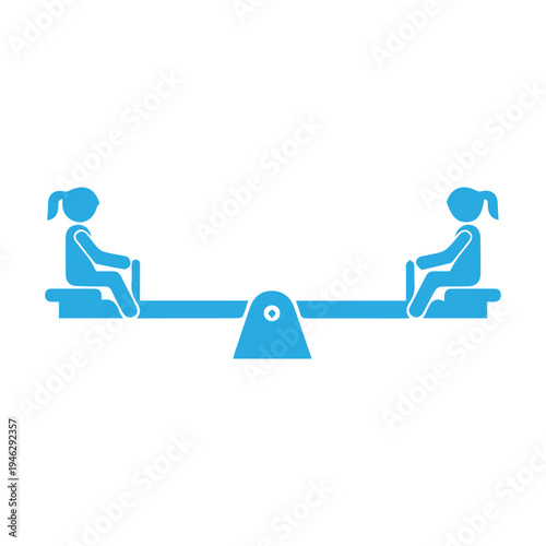 Children's see-saw on a white background, a simple blue illustration depicting balance and childhood fun on a playground equipment