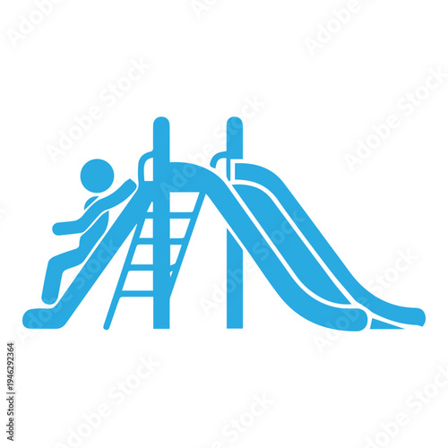 A simple blue silhouette icon of a child playing on a playground slide and ladder, perfect for representing childhood fun and recreation