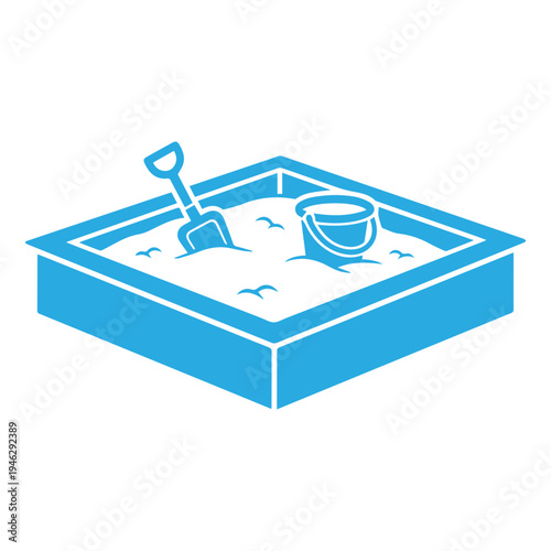 Classic outdoor sandbox play area icon featuring a shovel and bucket, symbolizing childhood fun and creative summer activities for kids in a park or garden setting