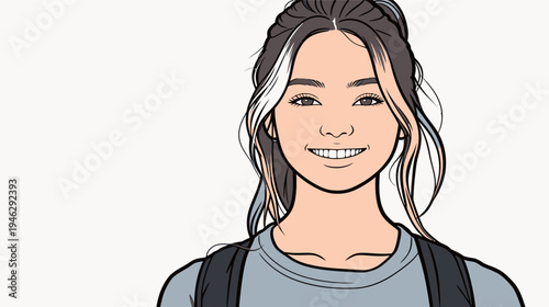 A young person stands and smiles, showing happiness while wearing a backpack. They have long hair and an upbeat expression.