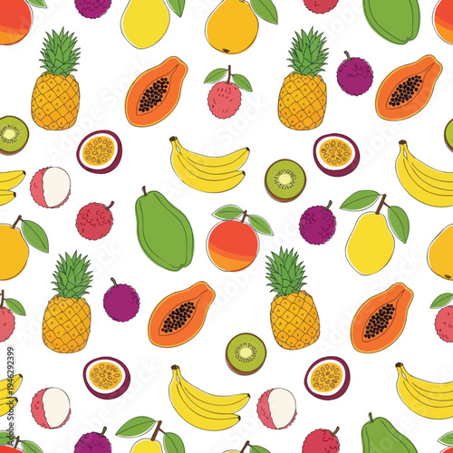 Seamless pattern of colorful tropical fruits including pineapples, papayas, bananas, kiwis, passion fruit, lychees, and pears