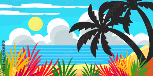 silhouette of coconut tree in flat style. illustration of palm tree in flat style. summer background. summer theme scenery