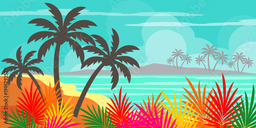 silhouette of coconut tree in flat style. illustration of palm tree in flat style. summer background. summer theme scenery