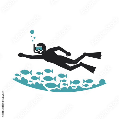 Snorkeler swimming with school of fish underwater, active lifestyle, ocean adventure