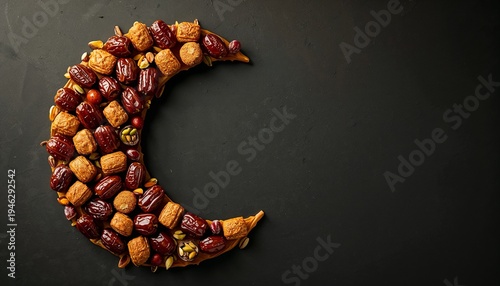 Ramadan Food Concept with Crescent Moon Made of Dates and Baklava