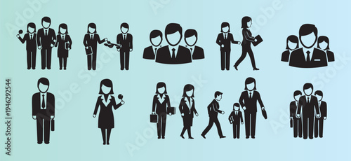 Businesspeople and professionals in various workrelated scenarios vector icons