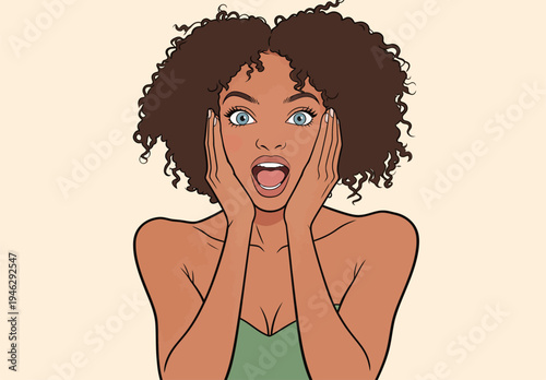 A woman expresses surprise with her hands on her cheeks and mouth open. She has curly hair and bright eyes that draw attention.