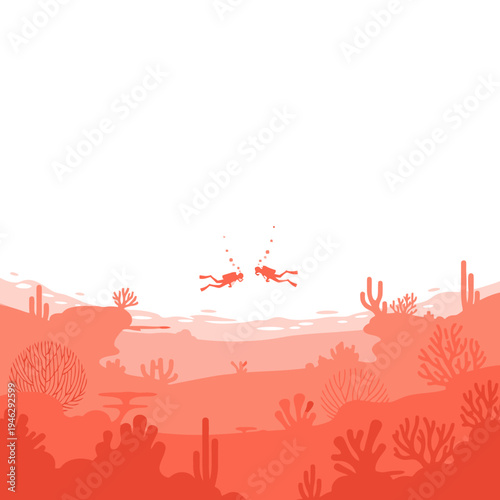 Two divers explore vibrant coral reef, underwater scene with marine life and clear water