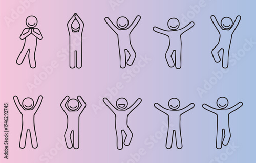 Cartoon stick figures expressing joy and celebration poses