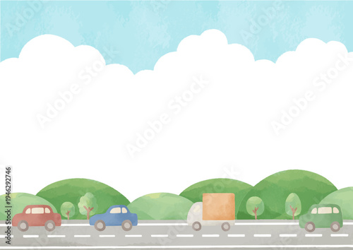 青空と雲の下を走る道路と車の風景背景｜道路,車,トラック,山,木,空,自然