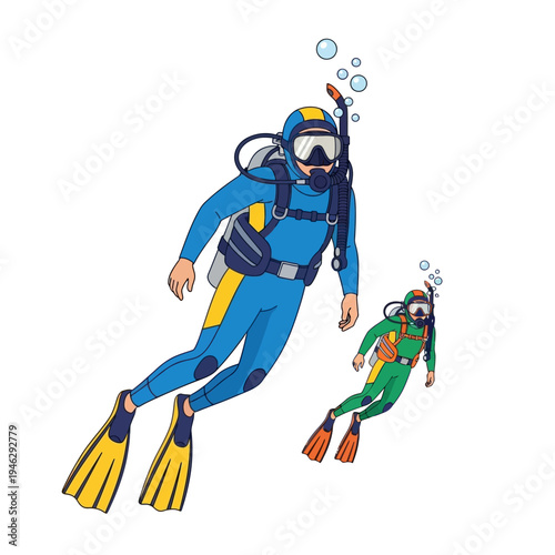 Two divers exploring underwater, scuba diving, ocean adventure, blue and green suits