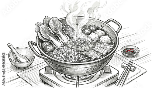 Artistic monochrome illustration of a steaming hot pot brimming with fresh vegetables, tender meats, and noodles, actively simmering on a portable tabletop stove for a comforting meal