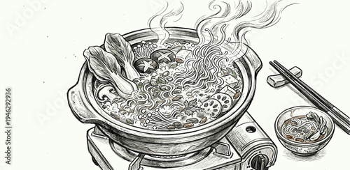 Exquisite hand-drawn illustration depicting a steaming hot pot brimming with fresh vegetables and noodles, simmering on a portable stove, capturing the essence of a warm and inviting Asian meal