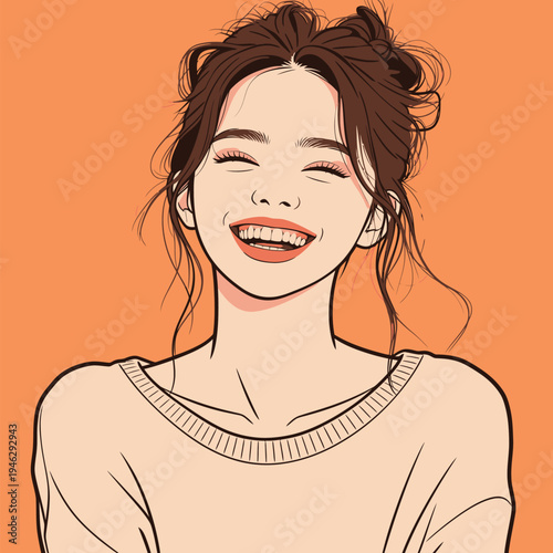 A young woman with long hair is smiling broadly in front of an orange background. She appears happy and carefree.