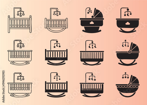 Collection of baby crib and bassinet icons in various styles
