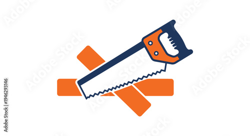 Flat Vector Icon of a Handsaw Cutting Wood Plank for Carpentry and DIY Construction Projects