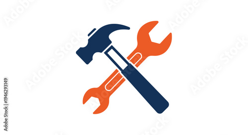 Crossed Hammer and Wrench Icon, Construction and Repair Tools Vector Illustration