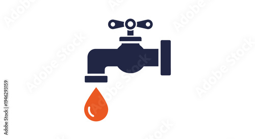 Minimalist Water Tap Icon with Dripping Orange Drop - Flat Vector Illustration for Plumbing and Conservation Concepts