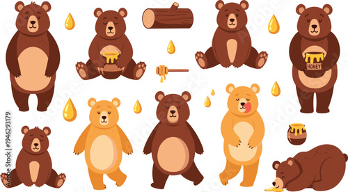 Cute Bear Character Illustration Set Featuring Brown Bears Holding Honey, Sitting, Standing, Walking, and Sleeping for Forest Wildlife Cartoon Design.
