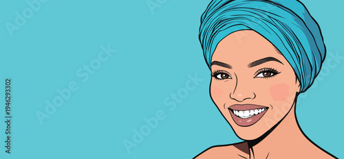 A woman smiles while wearing a blue headwrap. The background is bright blue. She shows joy and confidence in her expression.