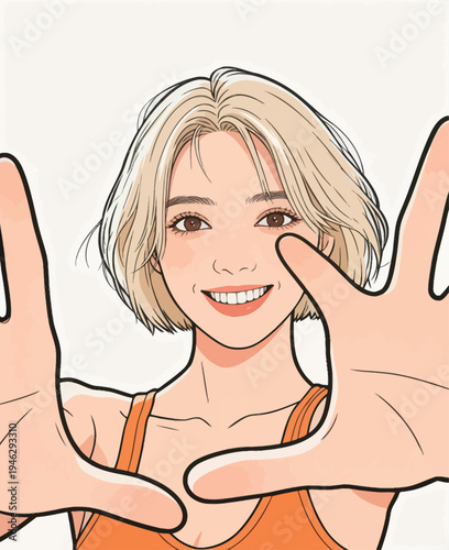 A woman smiles and extends her hands toward the viewer in a fun and lively way while wearing a sports outfit.