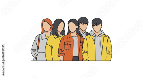 Diverse Group of Young Adults Standing Together in Casual Attire.