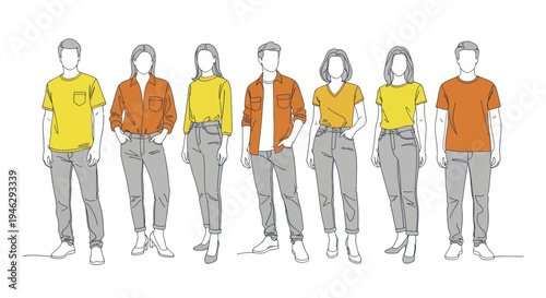 Diverse group of young adults standing in casual attire, line art illustration.