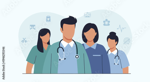 Diverse medical team of doctors and nurses standing together.