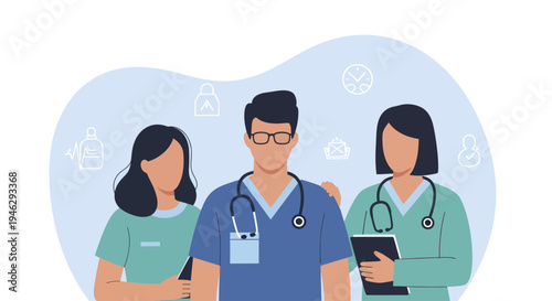 Diverse medical team of doctors and nurses standing together.