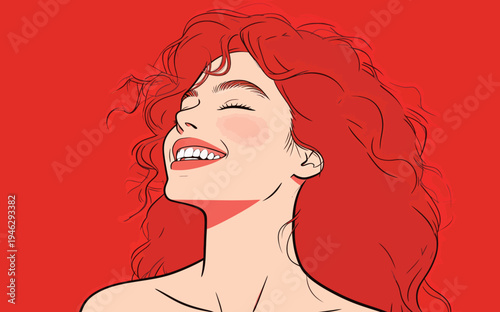 Woman with curly red hair smiles widely with eyes closed, enjoying a happy moment in front of a bright red background.