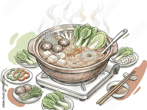 Vibrant illustration of a steaming Japanese-style hot pot, brimming with fresh vegetables, assorted mushrooms, and tofu, presented as a comforting and healthy meal perfect for sharing
