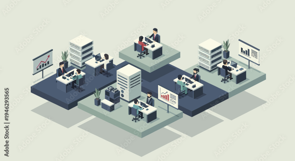 Obraz premium Isometric Business Office with Workers and Data Analysis.