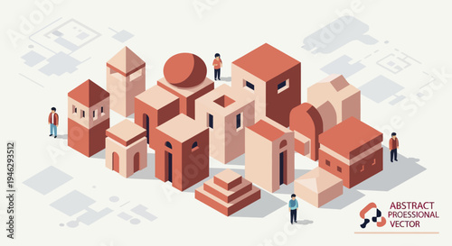 Isometric architectural buildings with people in a minimalist style.