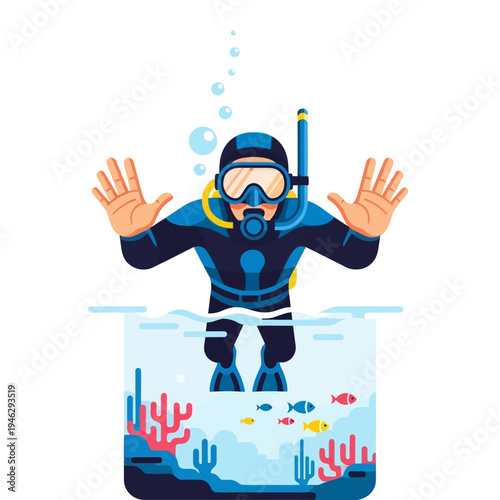 Scuba diver surfacing from underwater, coral reef, tropical fish, clear blue water