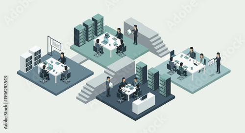 Isometric Business Office Layout with Teams Collaborating in Modern Workspace.