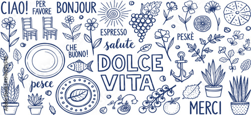 Whimsical hand-drawn vector art collection with Italian-inspired elements, embracing the sweet life through food, travel symbols, nature, and friendly greetings