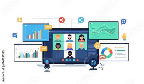 A vector graphic illustration of a remote team meeting on a computer