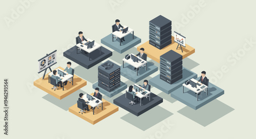 Isometric Business Team Collaboration and Server Room Setup.