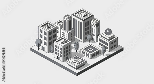 Isometric Cityscape with Modern Buildings and Green Spaces.